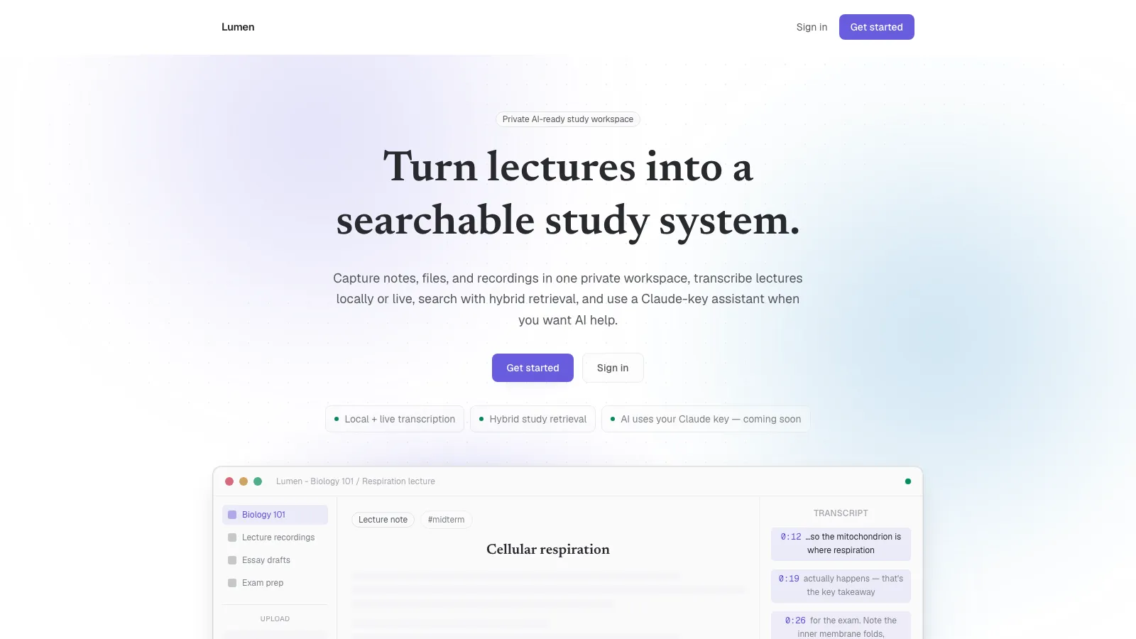 The Lumen landing page: the headline “Turn lectures into a searchable study system” above a preview of the app’s library, notes, and live transcript.